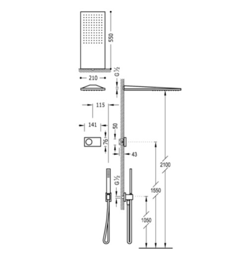 Схема Tres Slim 092.865.51 Душевая система скрытого монтажа с электронным смесителем с верхним душем 550x210 мм